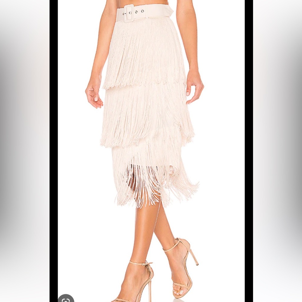 L'Academie Cream Tiered Fringe Midi Skirt